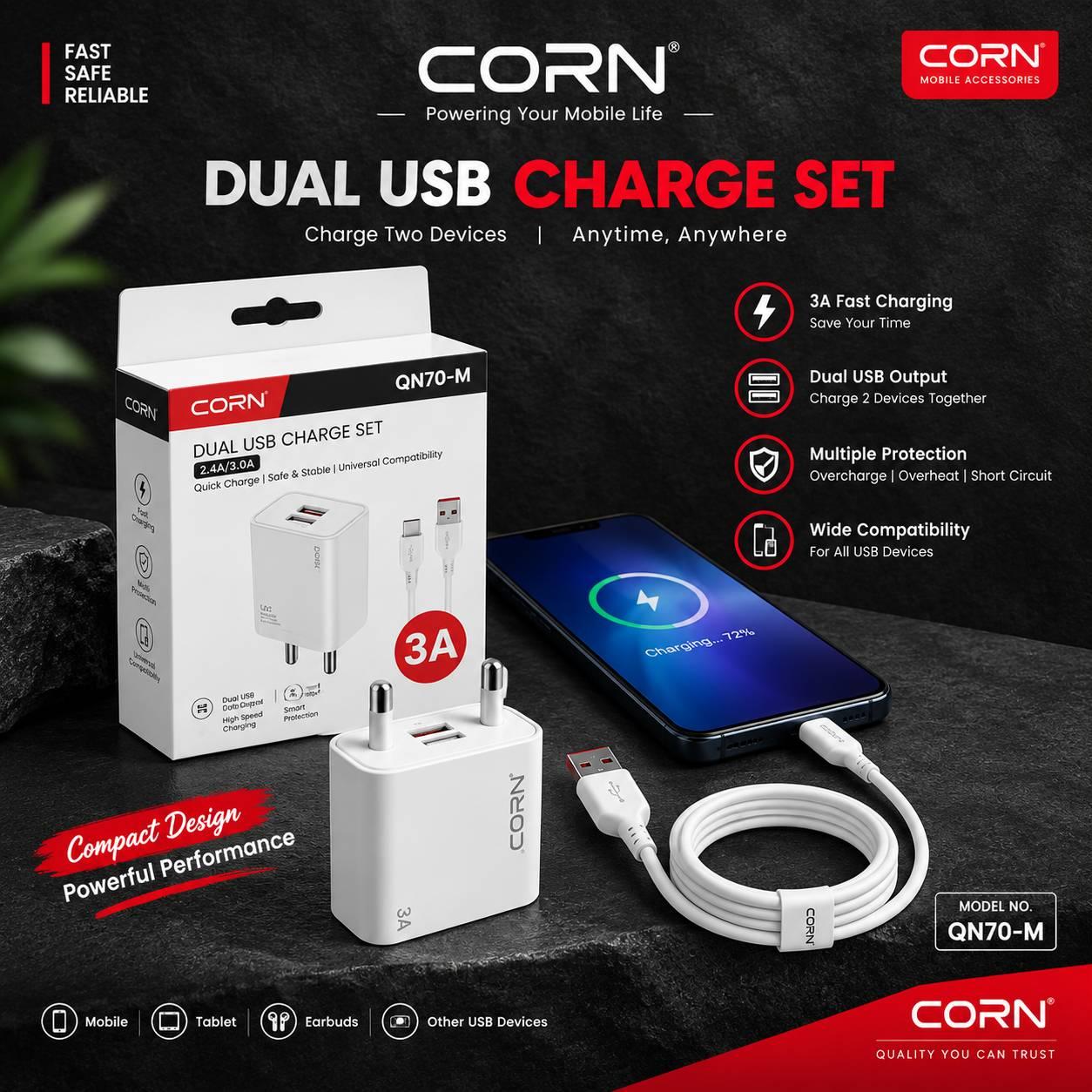 Corn QN70-M Dual USB Power Charger Adapter and Cable set.