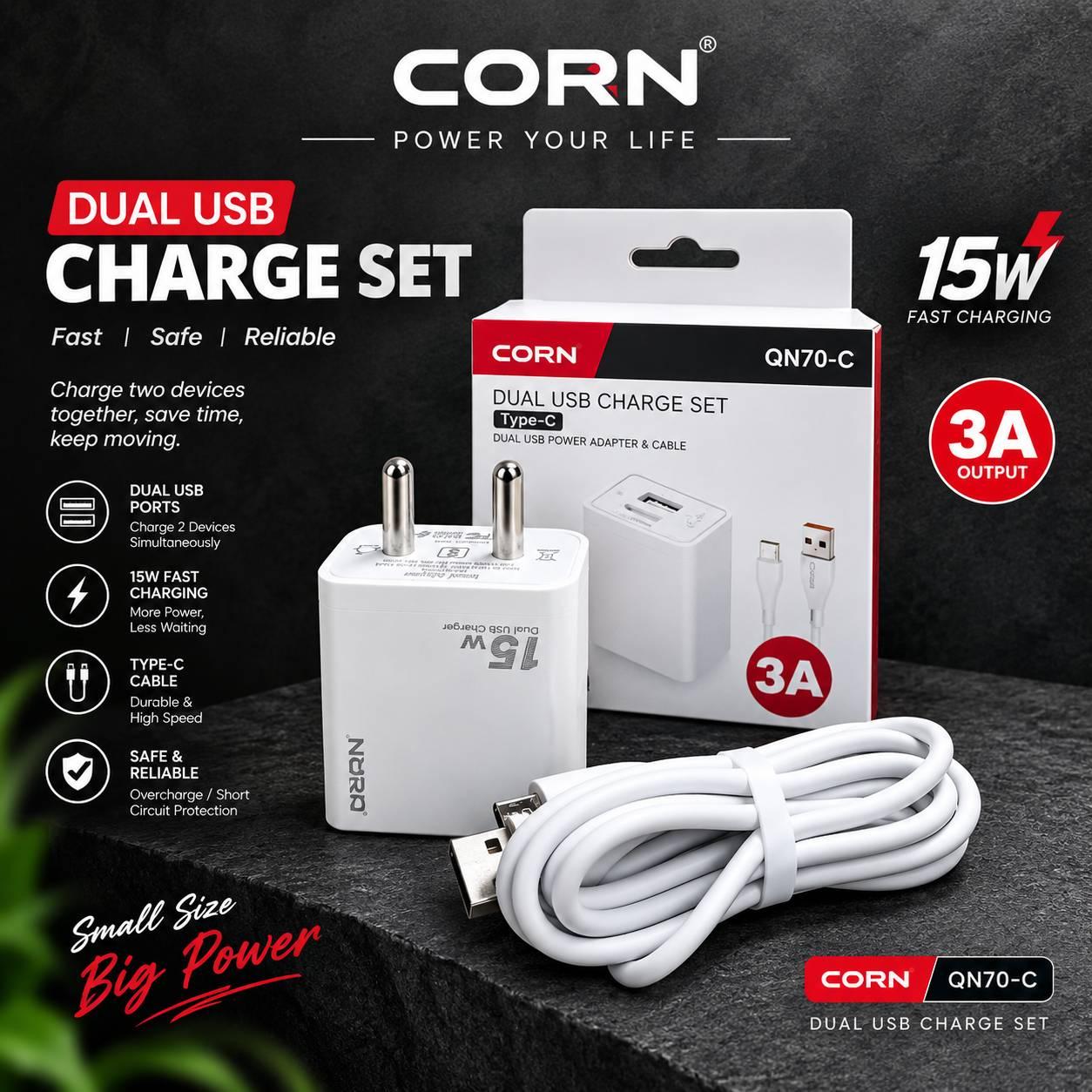 Corn QN70-C Dual USB Charger Set, which includes a 15W travel adapter and a Type-C cable.