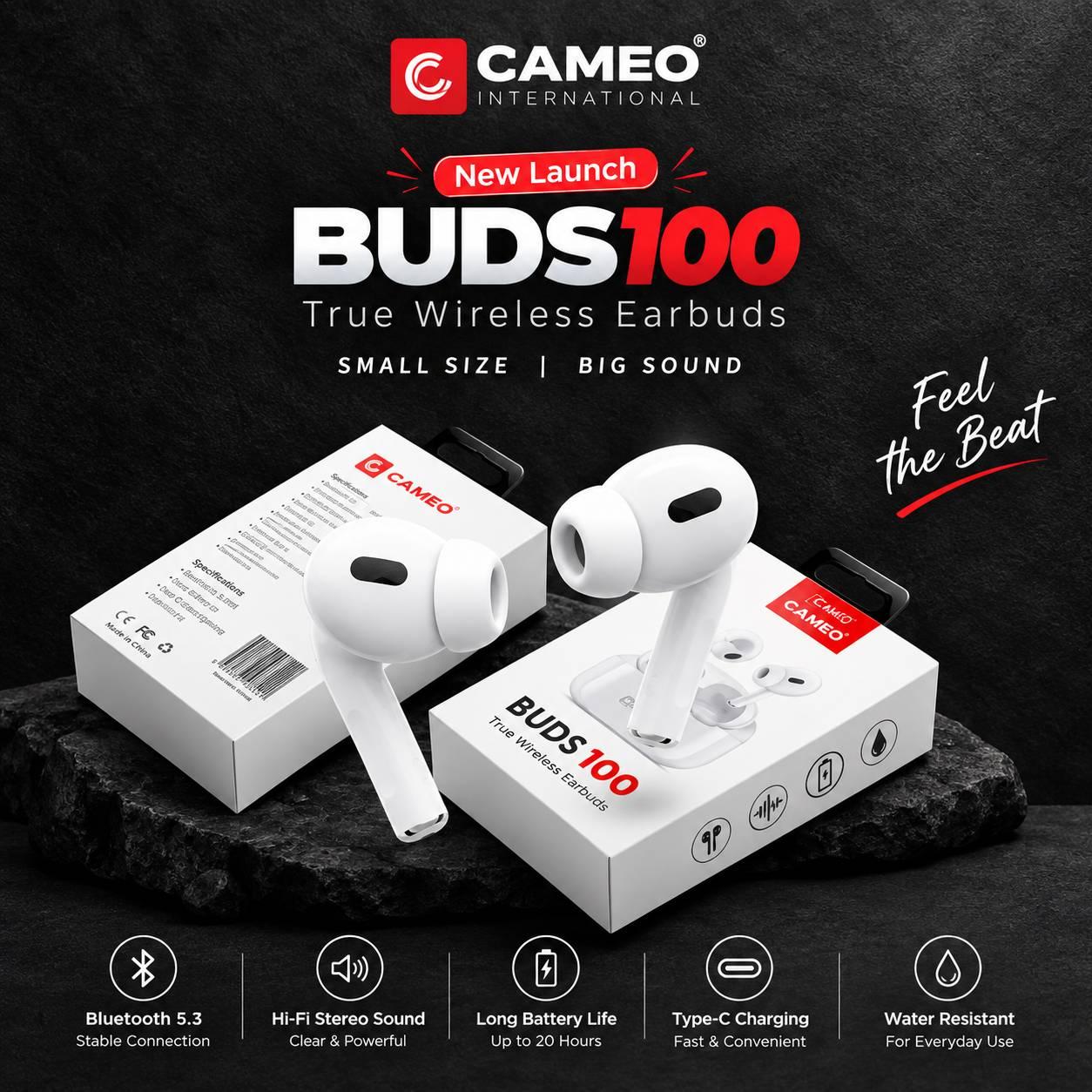 Cameo BUDS100 Earbuds with 20HRs | Playing Time | AIENC | Type-C | IPX5 Sweat & Dust Resistant | Touch Control | Deep 3D Bass Sound