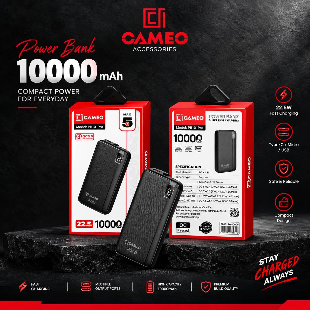 Cameo PB101Pro 10000 mAh 22.5W Fast Charging Powerbank Type C Fast Charging Port Dual Output Charging