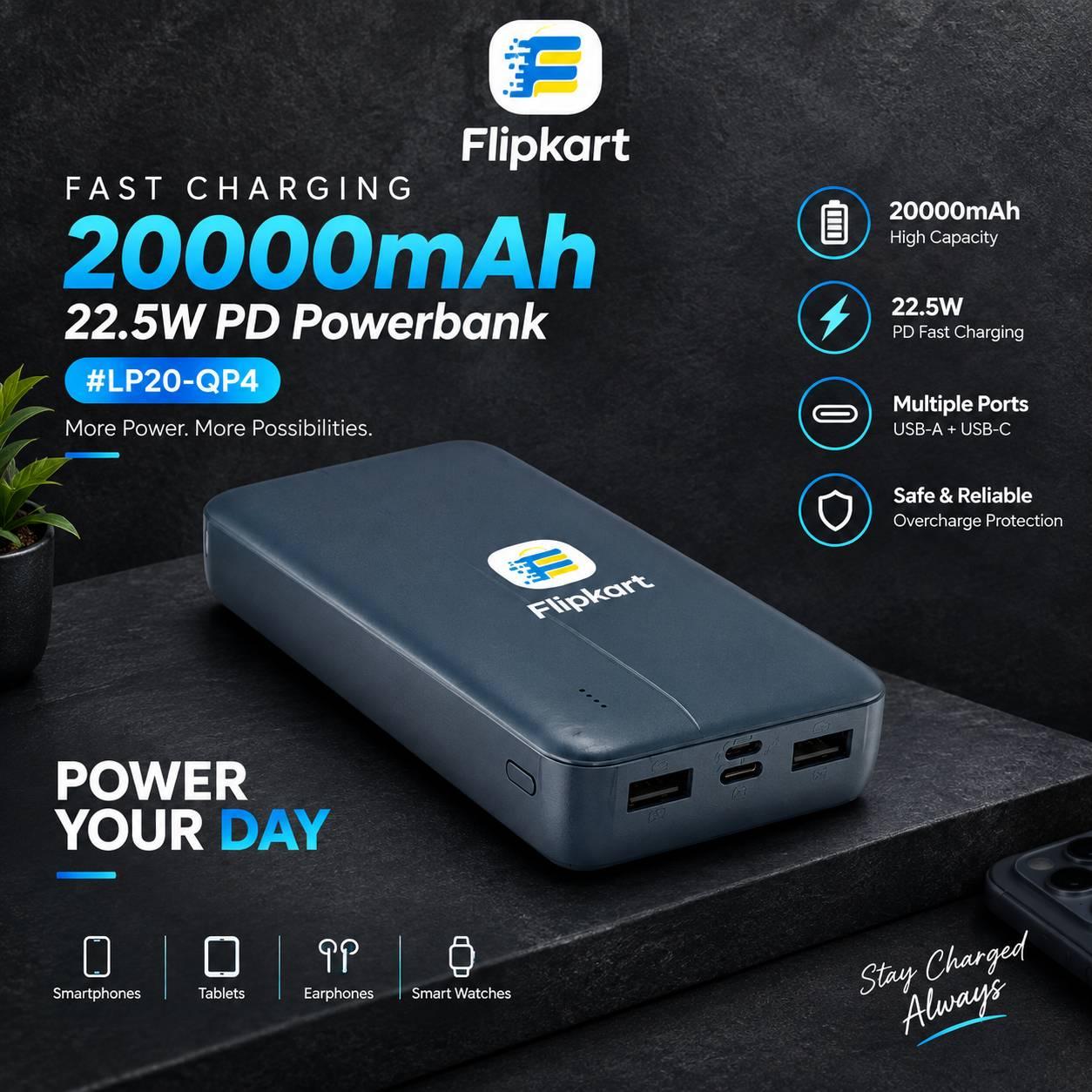 Flipkart 20000mAh 22.5W PD Powerbank model LP20-QP4