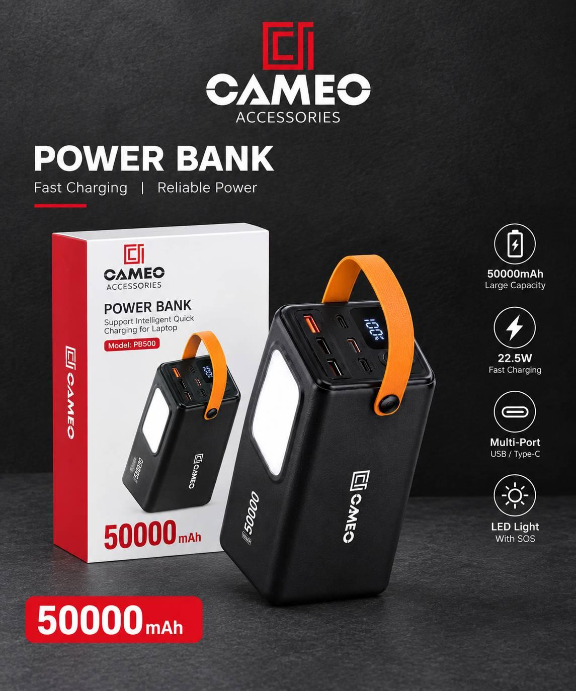 Cameo PB500 PowerBank | 50000mAh | PD 22.5W Fast-Charging | 4-In-Built Cable