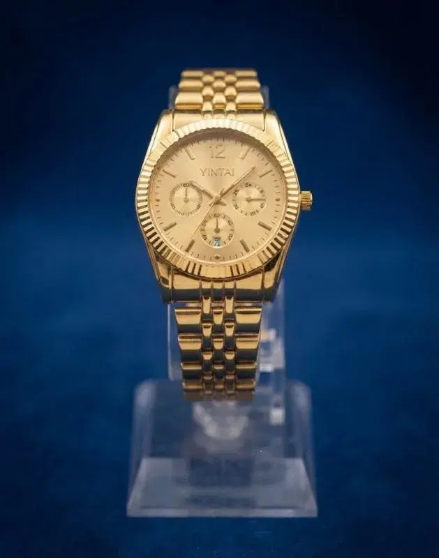 KINTAI All-Gold Men’s Analog Watch with Fluted Bezel & Multi-Subdial Display – Premium Metallic Strap
