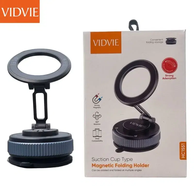 VIDVIE HC1551 Magnetic Folding Phone Holder | Suction Cup Car Mount | 360° Rotation | Strong Magnetic Mobile Stand | Foldable & Adjustable
