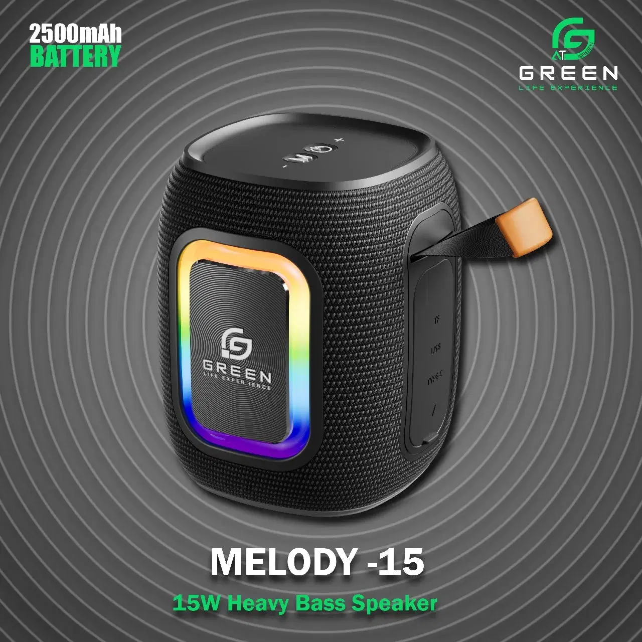 Green Melody15 Portable Bluetooth Speaker 15 Watt Heavy Bass 8 Hours RGB Light Type C 2500 mAh