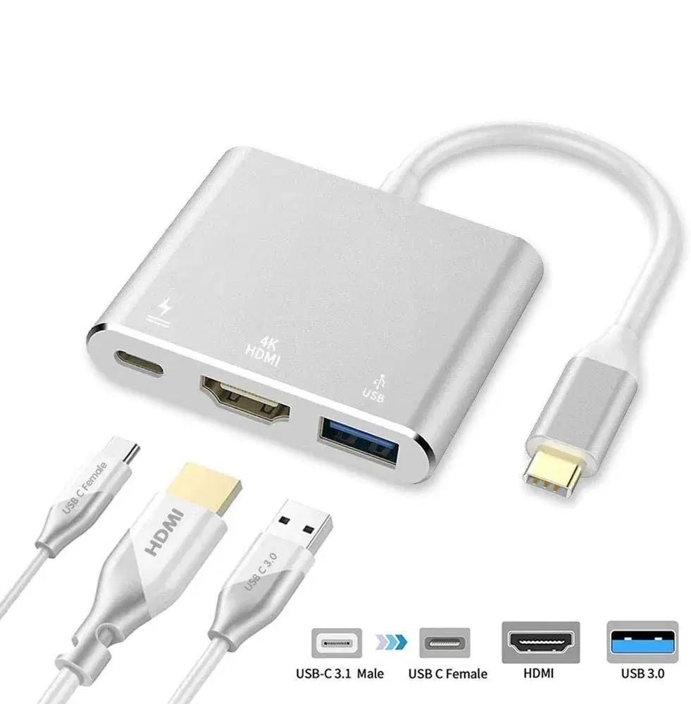 3 in 1 Type C to HDMI || Type C to USB || Type C to Type C Splitter Hub 4K Converter with 3.0 USB Port and Type C 3.1 Female Charging Port