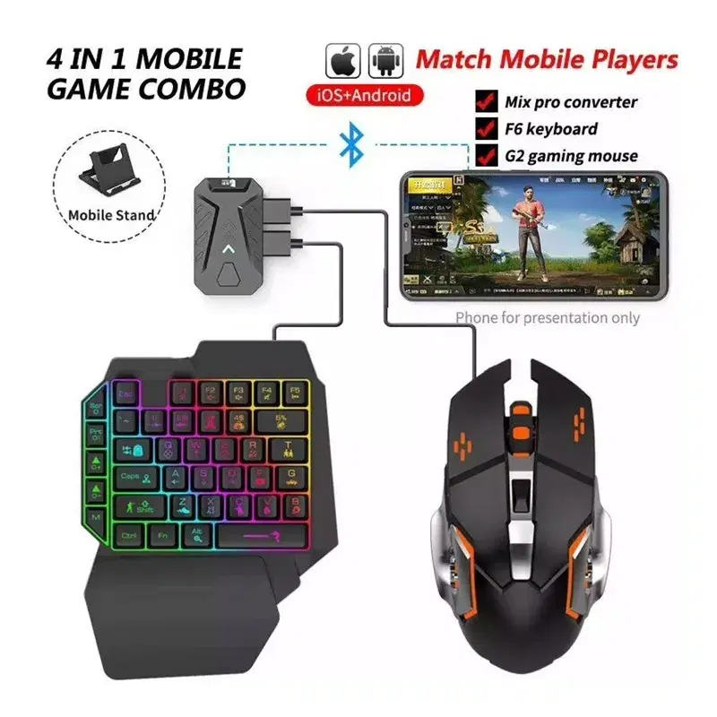 4 IN 1 Mobile Gaming Combo - Single Handed Bluetooth Keyboard Mouse Combo