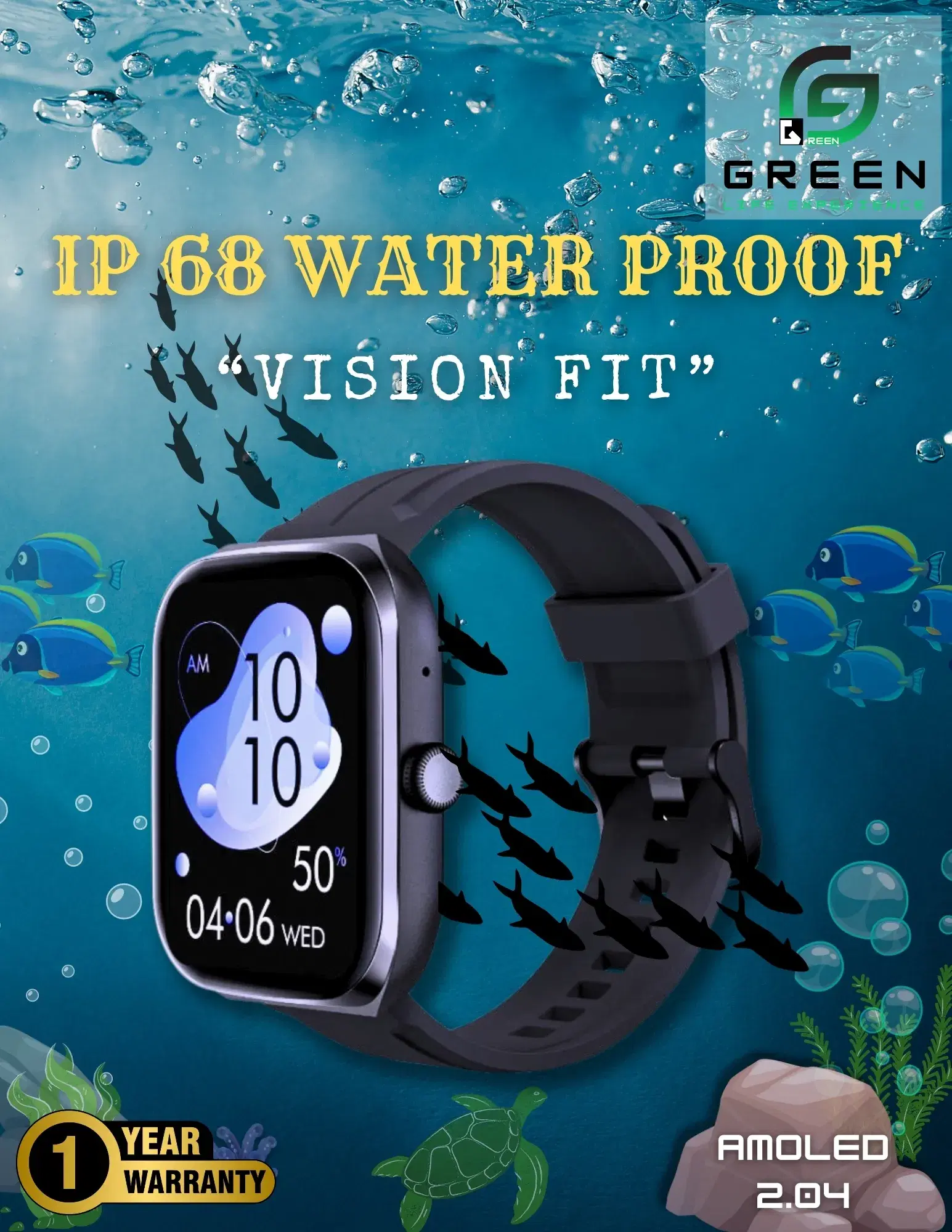 Green Vision Fit 2.04" Amoled Display BT Calling IP 68 Waterproof Metallic Body 100+ Sports Mode Nepali Language