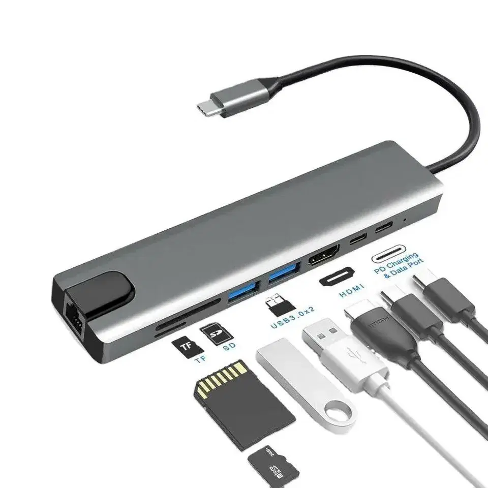 8-in-1 usb hub, 4K HDTV, 100W PD, USB Ports, Ethernet, SD/TF Card Reader
