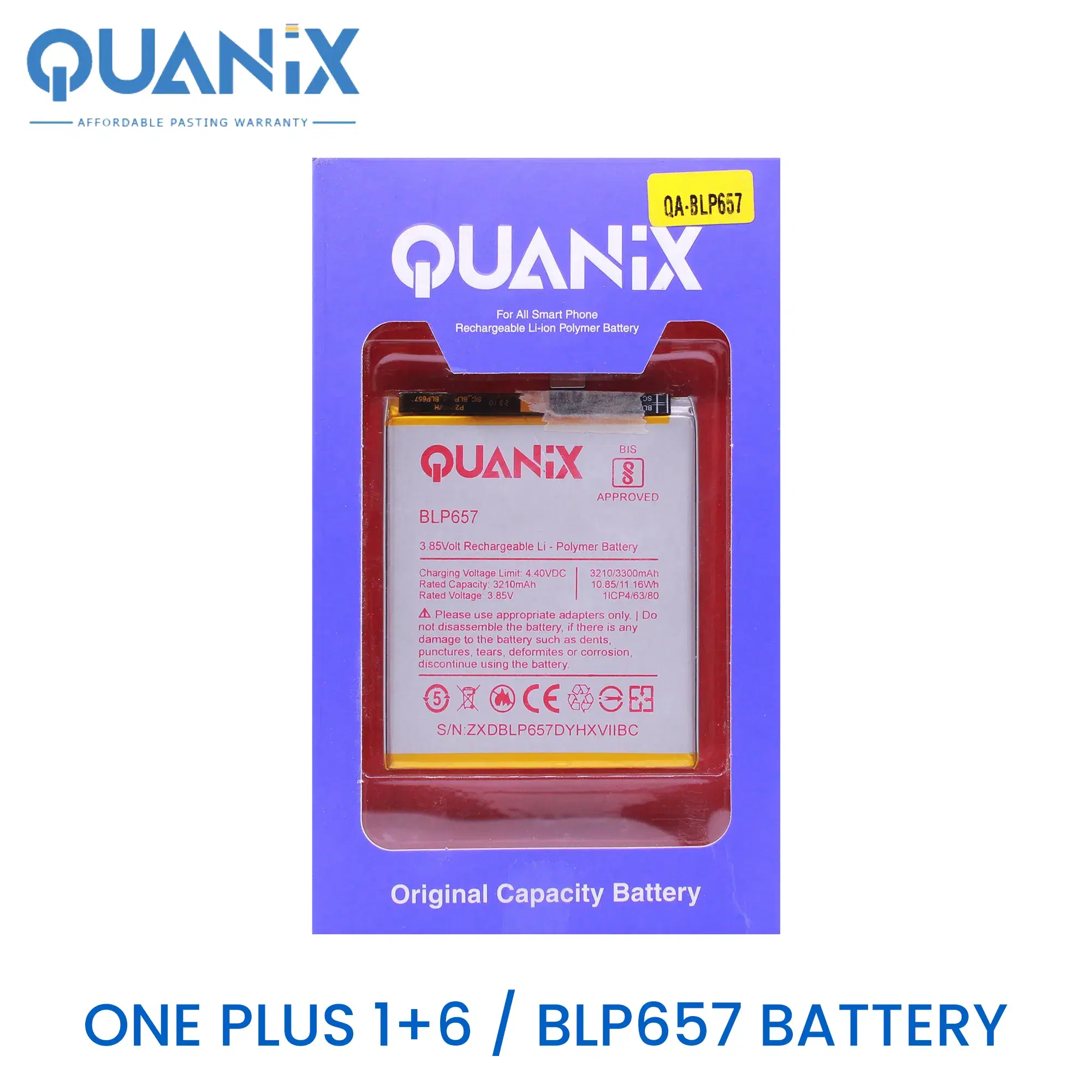 Quanix Rechargeable Li-ion Polymer 3300 mAh OnePlus 1+6 / BLP657 Battery