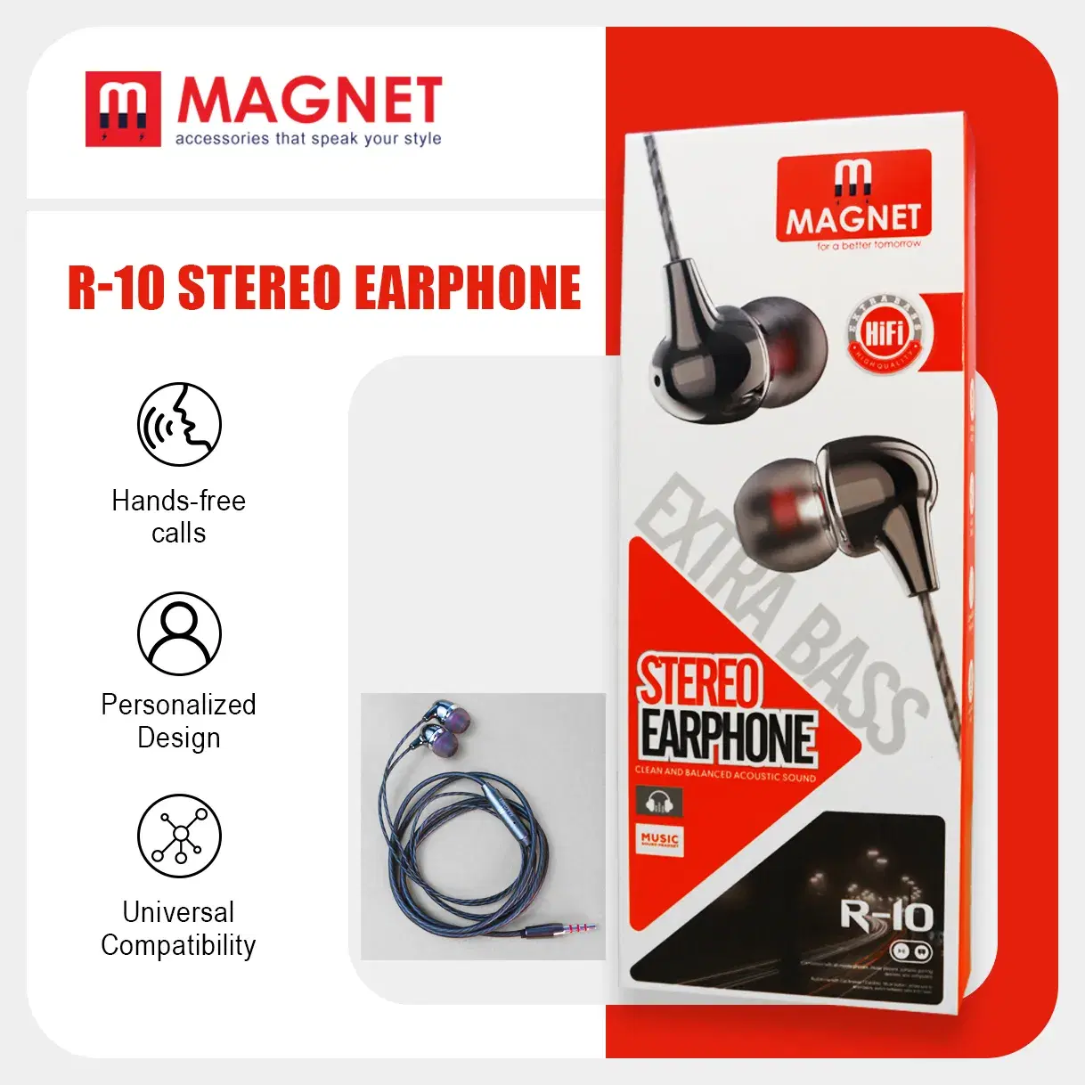 Magnet R-10 Stereo wired Earphones | 3.5mm rubber tips stereo Earphone | magnet earphones