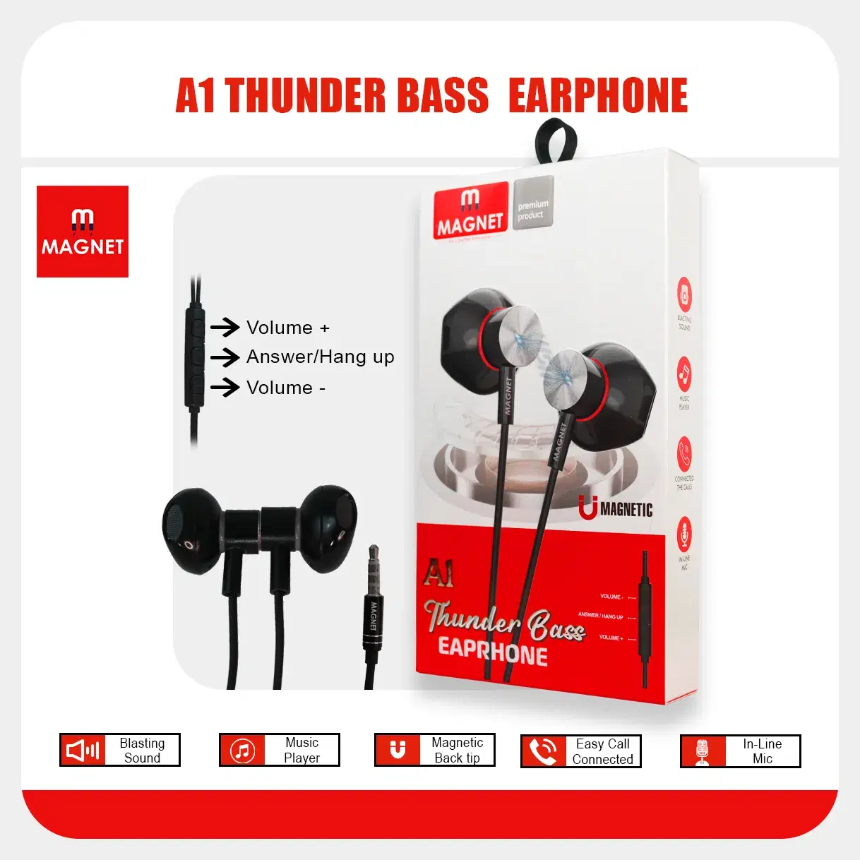 Magnet A1 Thunder Bass Stereo wired Earphones | 3.5mm jack | magnetic back