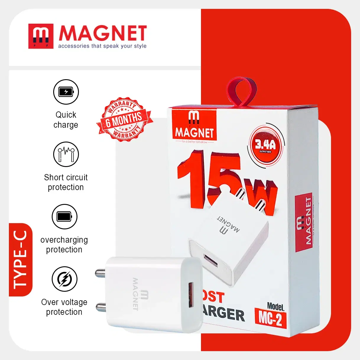 Magnet charger | Magnet mc-15 15W Fast charger | Type c | 6 months warranty