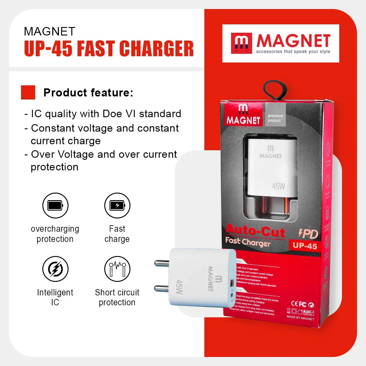 Magnet 45W fast charger | UP-45 fast charger | 2 port