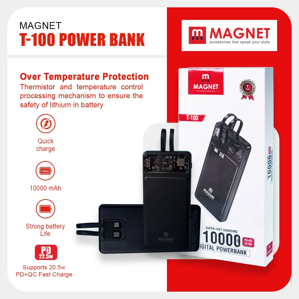Magnet Powerbank | 10000 mAh powerbank | PD+QC 20w fast charge support | T-100 powerbank | magnet