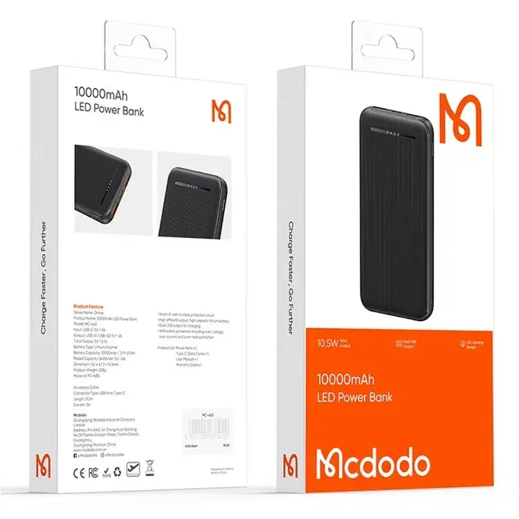 MCDODO MC-4631 Online Series 10000mAh LED Power Bank Dual USB Output Battery Pack ll Black