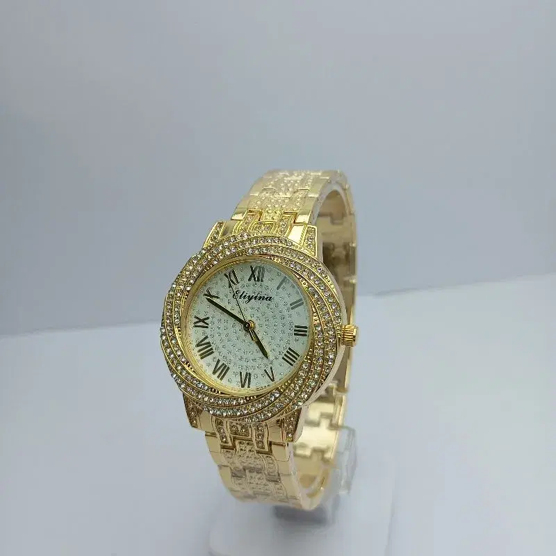 Eliyina Fashionable Bengal Watch || Round White Roman Numbering Stone Curved Dial Stainless Steel Golden Chain Waterproof Warranty Watch For Women