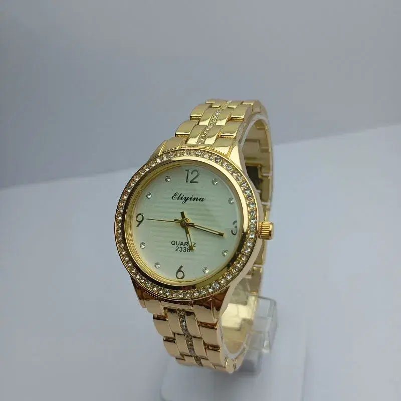 Watch For Ladies || Fully Waterproof Bengal Design Stainless Steel Gold Chain Round White Dial Stone Curved Watch For Women