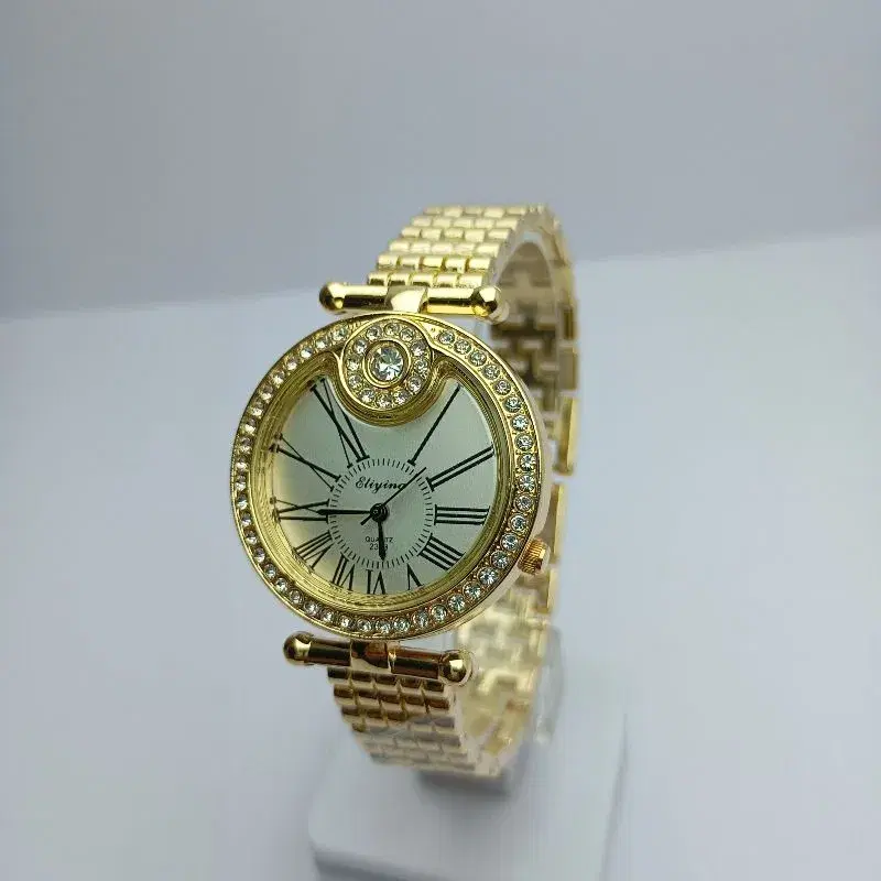 Stone Curved Fashionable Watch For Women || Roman Numbering White Dial Quartz Movement Stainless Steel Gold Chain Waterproof Fashionable Wrist Watch For Women