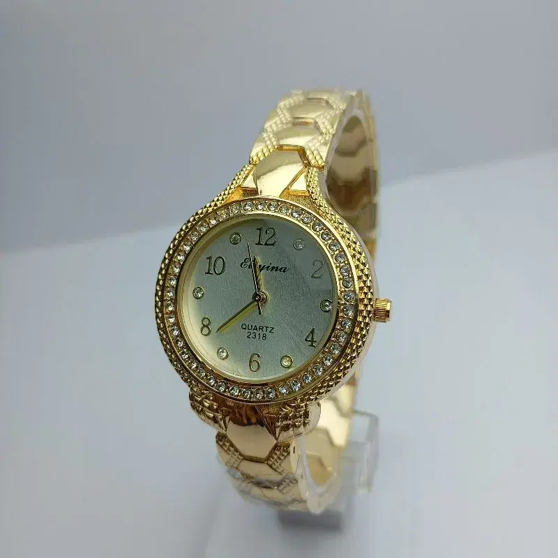 Eliyina Luxury Design Watch For Ladies | Fashionable Stone Curved Stainless Steel Gold Chain Round Numbering White Dial Quartz Waterproof Watch For Women