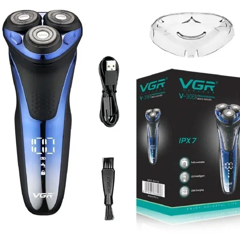 Vgr V-306 Premium Cordless Rechargeable Ipx7 Fully Waterproof 3 Head Electric Shaver Wet & Dry Rotary Shavers With Pop-Up Trimmer Super-Fast Charge 90 Minutes Runtime With Led Digital Display - Blue and Black