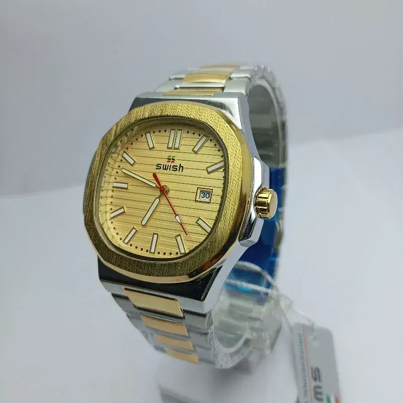 Swish Luxury Watch For Men || Square Shape Gold Dial Date Function Waterproof Stainless Steel Two Tone Chain Luxury Looks Quartz Movement Waterproof Watch For Men
