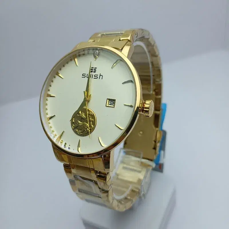 Swish Luxury Watch For Men || Round Shape Black Dial Date Function Waterproof Stainless Steel Gold Chain Luxury Looks Quartz Movement Waterproof Watch For Men