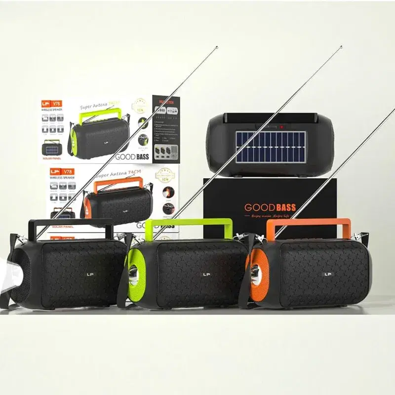 LP-V78 Portable Solar Panel Charging Wireless BT Speaker Stereo Deep Bass Subwoofer Outdoor Active Torch Speaker FM Radio/TF/USB