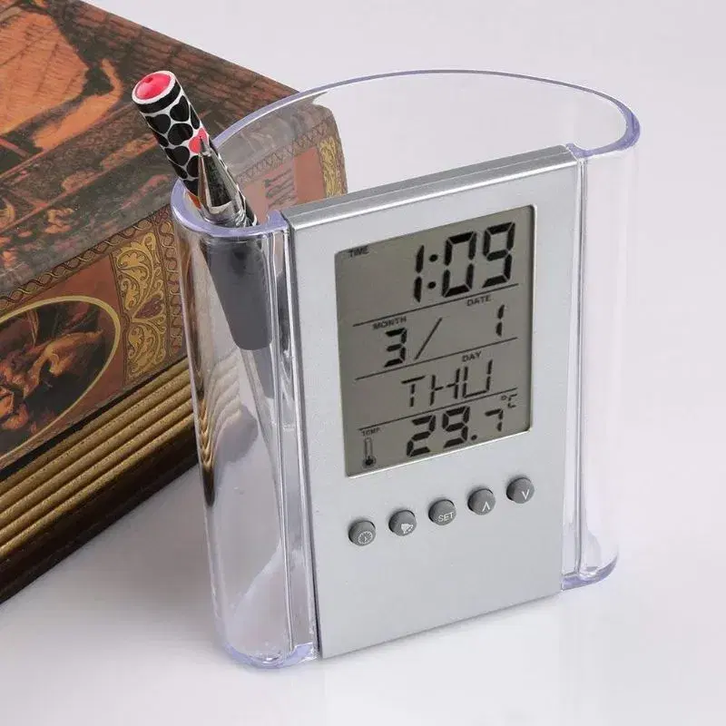 Transparent Calendar Pen Holder LCD Digital Alarm Clock with Digital Clock, Date Time Temperature Alarm LCD Calendar Pen Holder