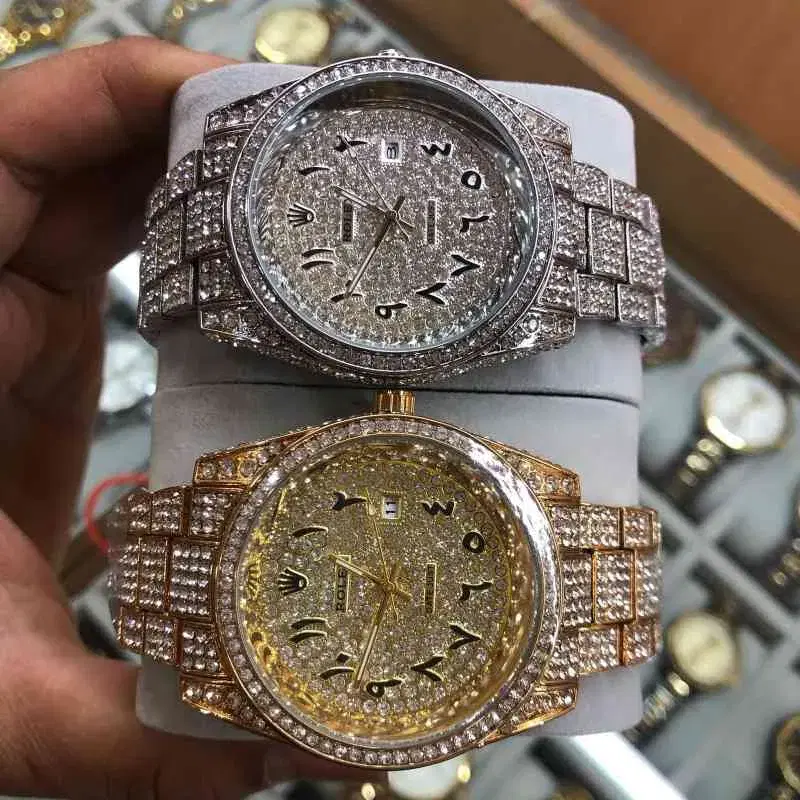 Unisex Silver And Gold Ice Watch White Dial With Stainless Steel Silver And Diamond Strap Watch