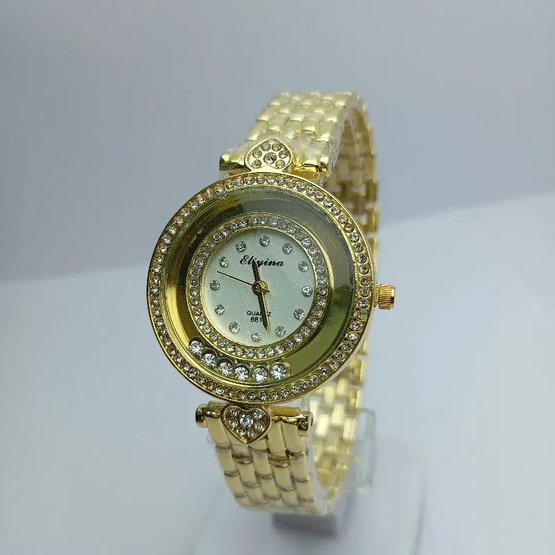 Quartz Waterproof Watch For Women || Eliyina Stone Curved Index Symboling Round White Dial Stainless Steel Gold Chain Waterproof Watch For Women