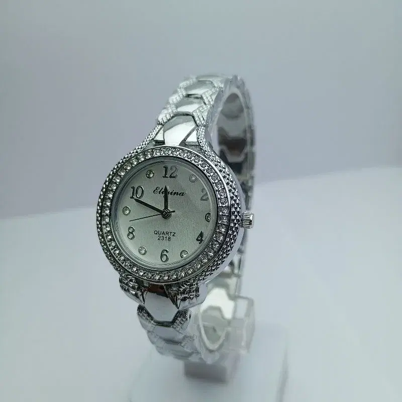 Eliyina Luxury Design Watch For Ladies | Fashionable Stone Curved Stainless Steel SIlver Chain Round Numbering White Dial Quartz Waterproof Watch For Women