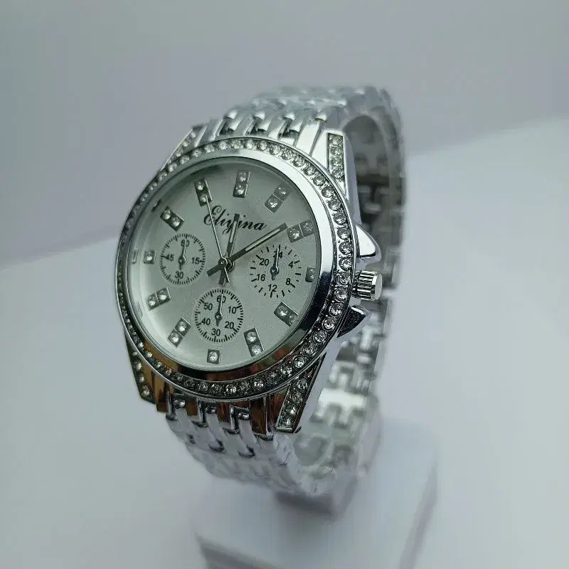 Big Size Bengal Stone Curved Watch For Women || Round White Index Dial Best Quality Silver Stainless Steel Chain Quartz Movement Fashion Bengal Waterproof Wrist Watch For Women