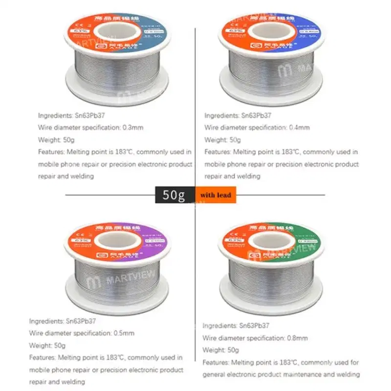 Amaoe 50g 0.3 / 0.4 / 0.5 / 0.8mm 183°C Leaded Medium Temperature Rosin Core Solder Wire