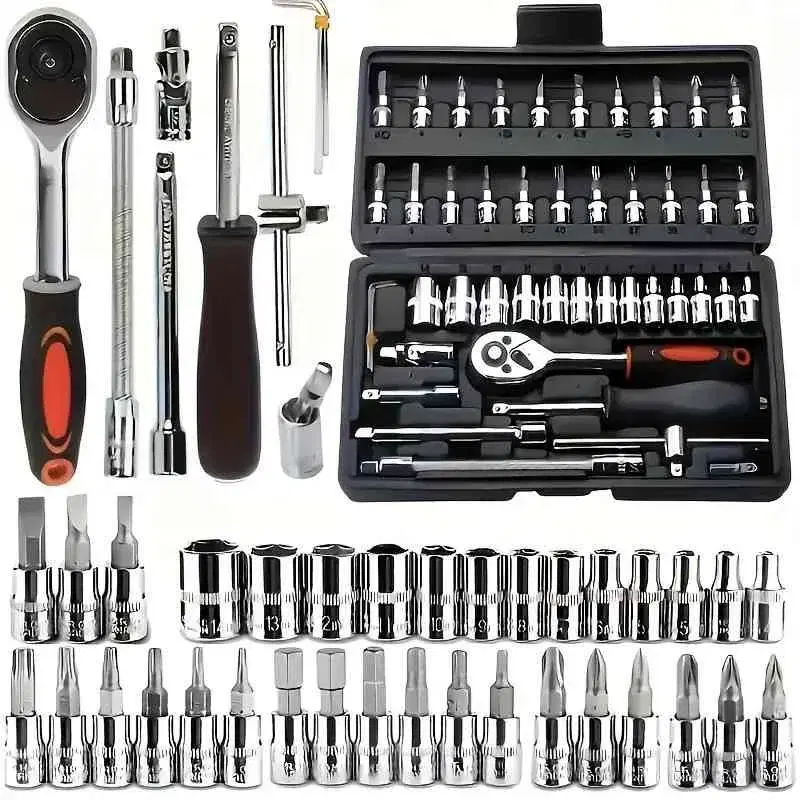 46pcs Professional Automotive Master Tool Kit - Premium Tool Sets For Car, Bike, And Motorcycle Maintenance - Compact, Portable, And All-In-One Solution With Ratchet Wrench, Assorted Screwdriver Set, Without Battery