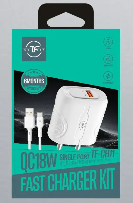 Techfit-CH11 18W QC Fast Charger with Type-c Cable|| 6 months Warranty.
