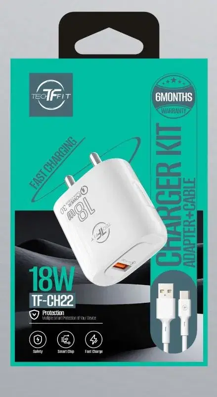 Techfit-CH22 18W QC Fast Charger with Type-c Cable|| 6Months Warranty.