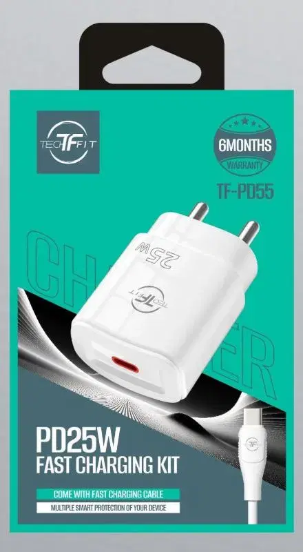 Techfit-PD55 25W Fast Charger with Type-C cable|| 6 Months Warranty.