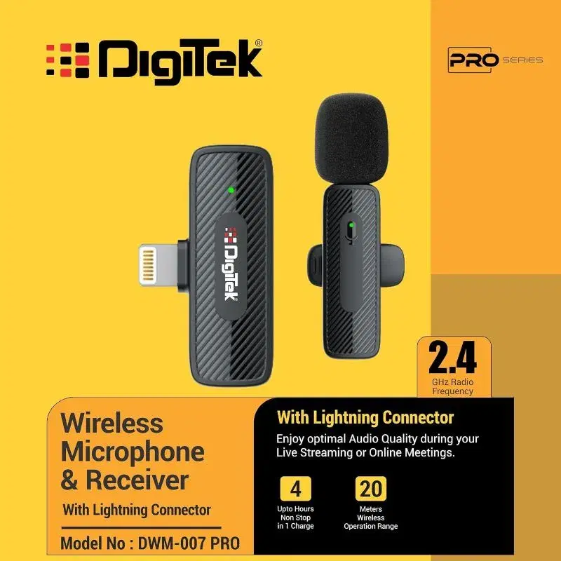 Digitek® (DWM-007 PRO Wireless Microphone & Receiver with Lightning Connector, 2.4GHz Frequency, 4Hr Battery, 20m Range, Compatible with iPhone & iPad, for Voice Recording, Interview & Live Streaming