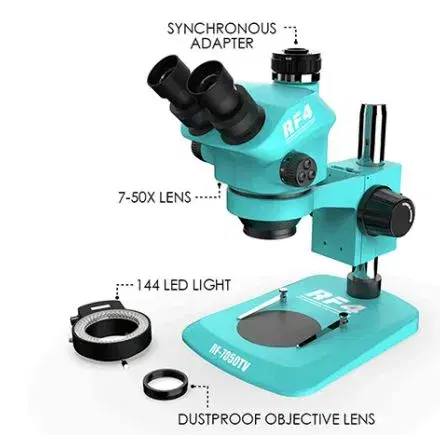 RF7050 TV Base Simul focal Trinocular Zoom Stereo Microscope Head synchronous Industrial Microscope 0.5x CTV Auxiliary Len.
