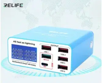 RELIFE RL-304P Smart 6-Port USB Digital Display Lightning Charger PD3.0+QC3.0 for All Mobile Phones And Tablet Charging Support.