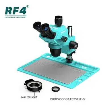 RF4 RF6565PROD2 Trinocular Stereo Microscope HD Camera 6.5-65X Connuous Zoom 144 LED Ring Light for electronic phone repair.