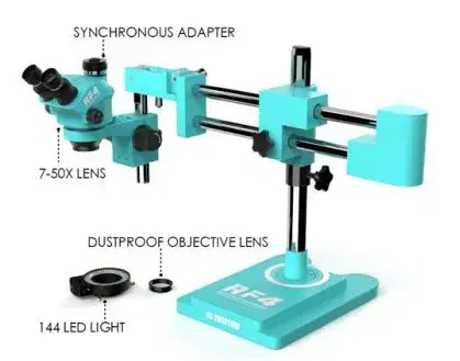 RF4 RF7050TVW TRINOCULAR MICROSCOPE WITH DUAL BOOM ARM BASE.