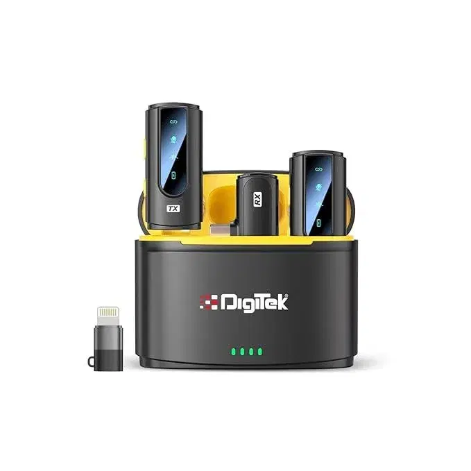 Digitek® DWM-112 2-in-1 Wireless Microphone System, 50M Range, Noise Reduction, 7Hrs Run Time, 2.4G, Type C to Lightning, for Android/iOS, Seamless Audio Recording, Vlogging, YouTube & More