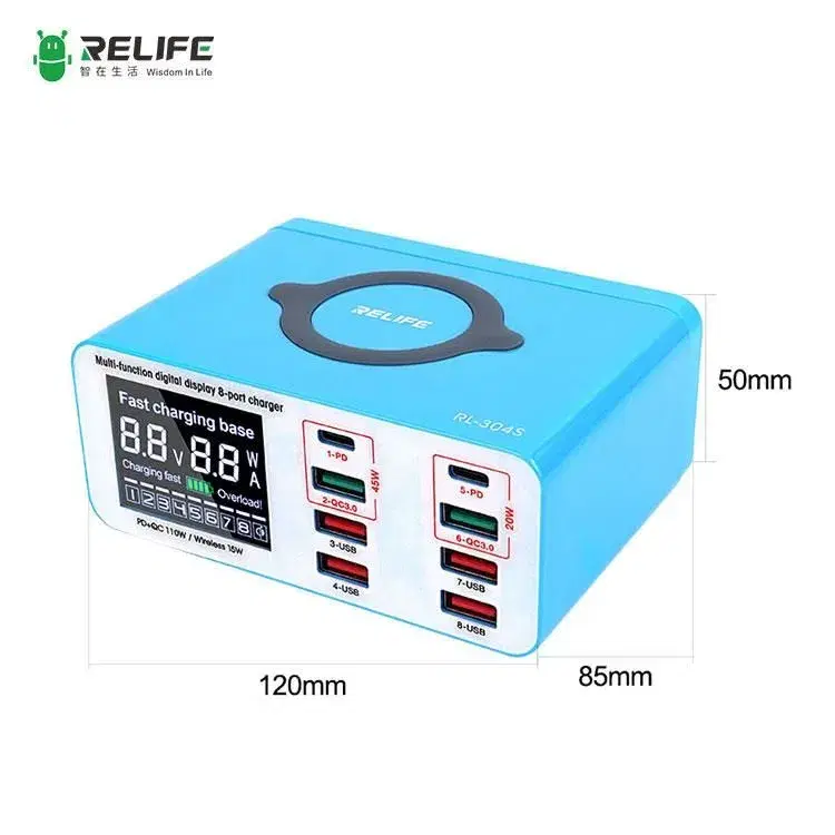RELIFE RL-304S Multifunctional Digital Display 8 Port Charger.