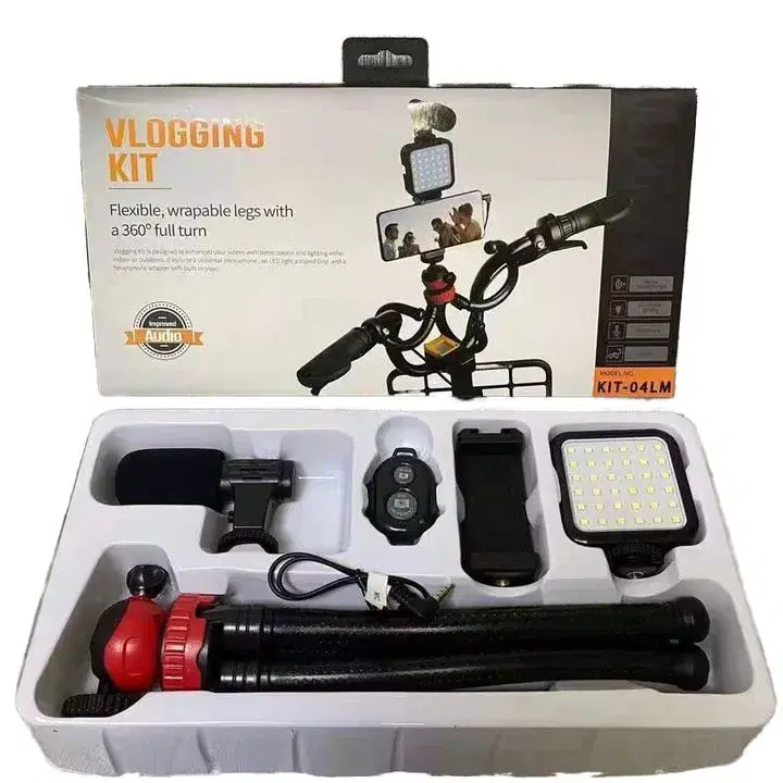 KIT-04LM Smartphone Video Kit Phone Photography Live Vlog Set Includes Tripod Phone Clip LED Lights Microphone Wireless ABS.