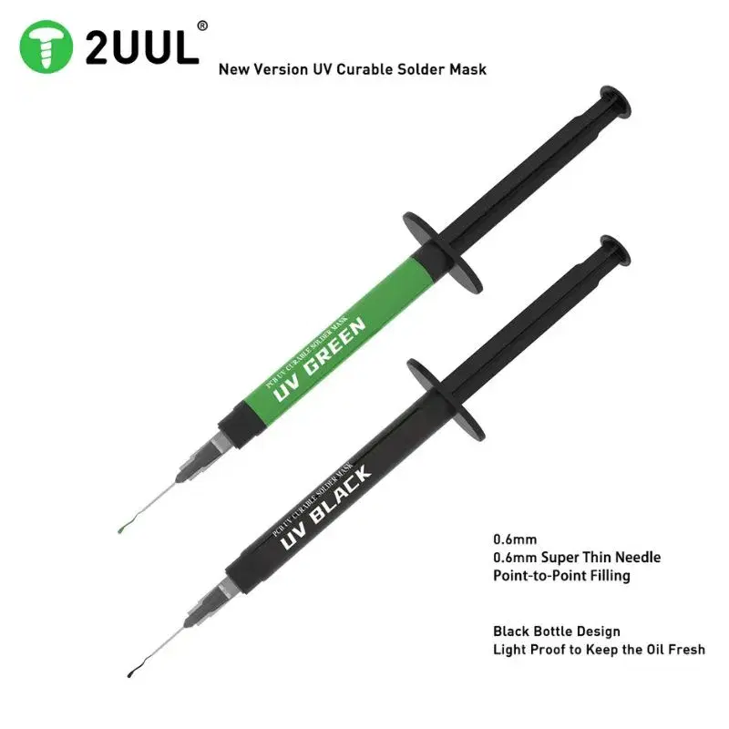 2UUL SC53 Green , SC54 Black PCB UV Curable Solder Mask with 3pcs 6mm Super Thin Needles.