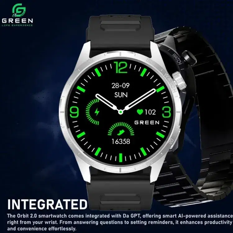 Green Orbit 2.0 AI Smartwatch | In-Build DA GPT, 1.4 inch Super AMOLED Display | 123+ Sports Modes | BT Calling || 250mAh Battery | 30Days Standby Time | AOD | 1 Year Warranty.