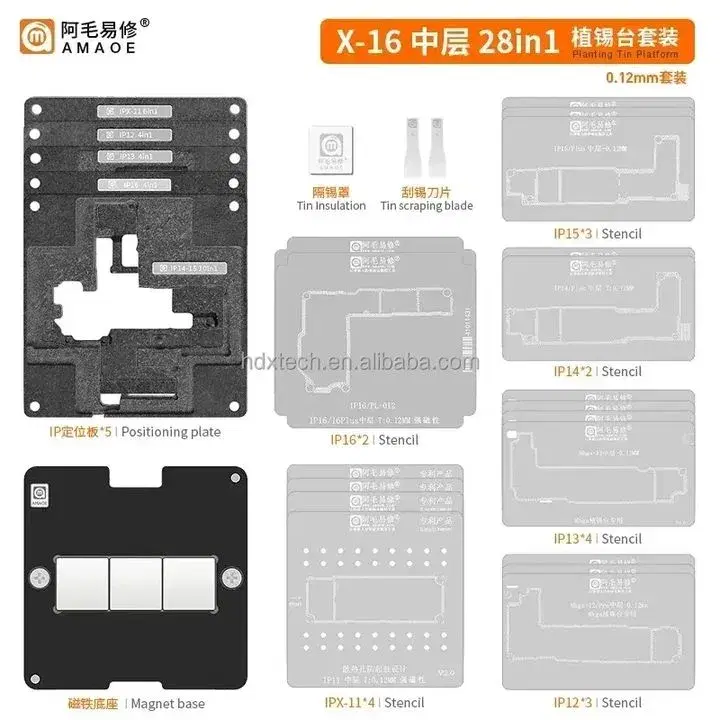 AMAOE 28 IN 1 Middle Level MBGA Tin Plating Platform Magnetic Fixture for IPHONE X-16 PRO MAX.