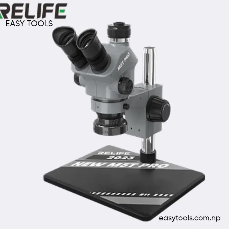 RELIFE RL-M5T PRO-B11 TRINOCULAR HD MICROSCOPE WITH a large-size aluminum alloy base made of aluminum.